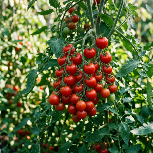 AI-generated illustration of a cluster of ripe red tomatoes on a vine with green leaves in the background.