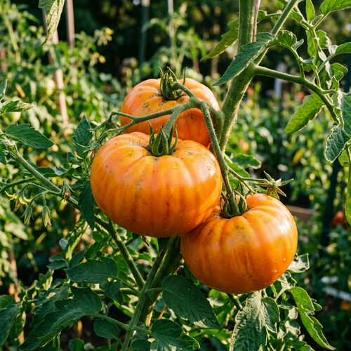 AI-generated illustration of orange tomatoes hanging on a green vine with leaves.